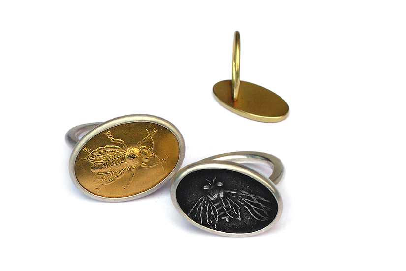 ‘Goldbiene & Zikade‘, 925er Silber/ 900er Gold
